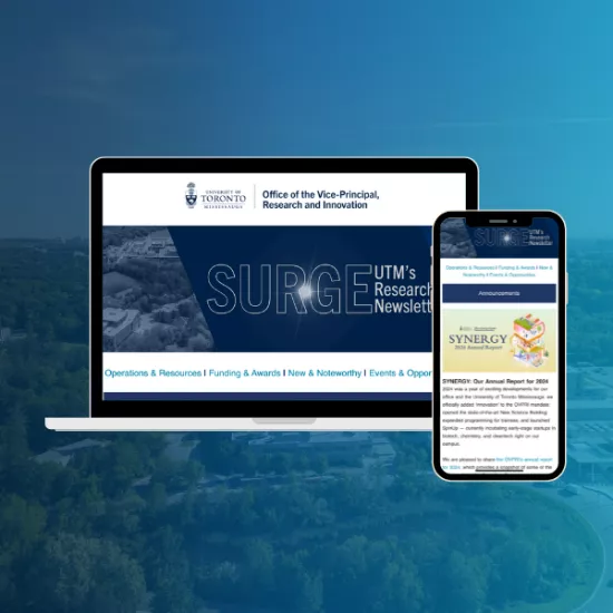 Background is an aerial view of the UTM campus, with a laptop and smartphone displaying SURGE newsletter 